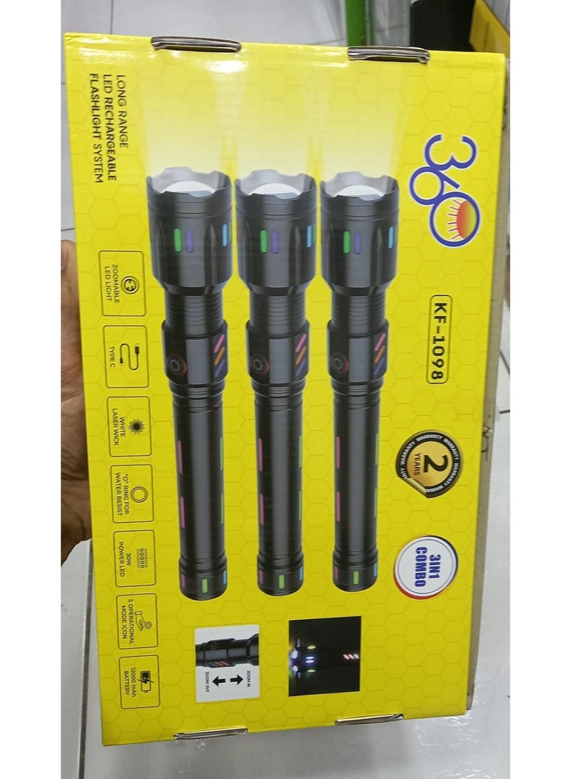 3 Iin 1 Combo Professional Aluminum Alloy Type-C Rechargeable Long Range High Power Torche